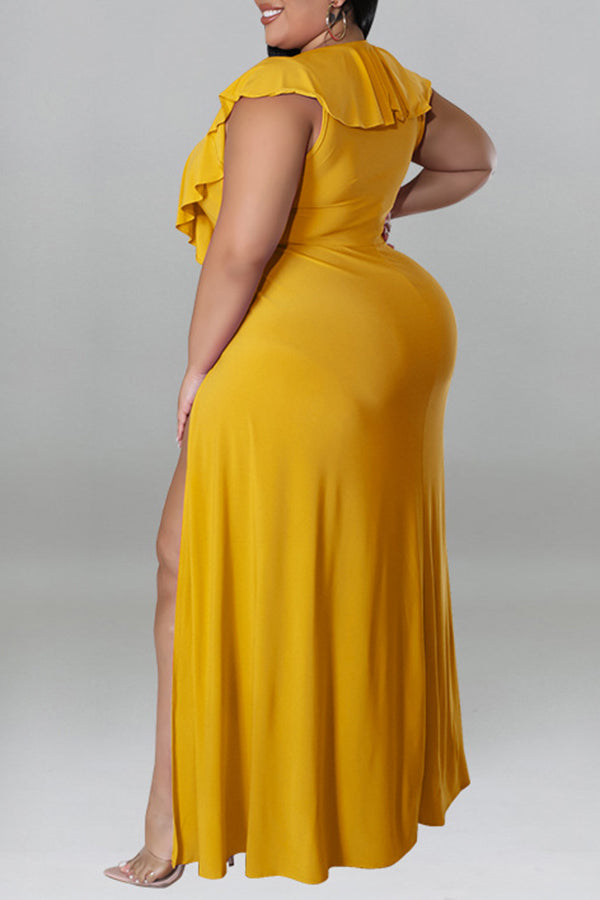 Sexy Solid Color Ruffle Lace-Up Neck High Slit Plus Size Maxi Dress