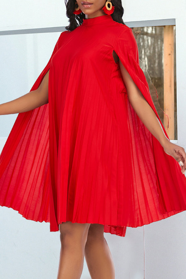 Fashion Solid Color Pleated Cape Loose Midi Dress