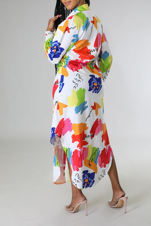 Fashion Print Long Sleeve Single Breasted Shirt Maxi Dress