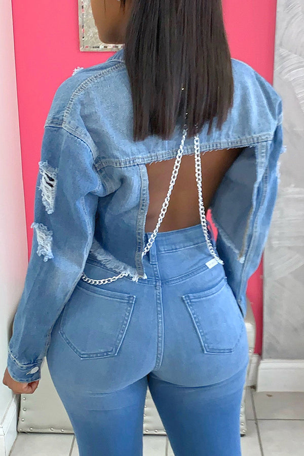 Fashion Long Sleeve Cutout Chains Backless Denim Short Jacket