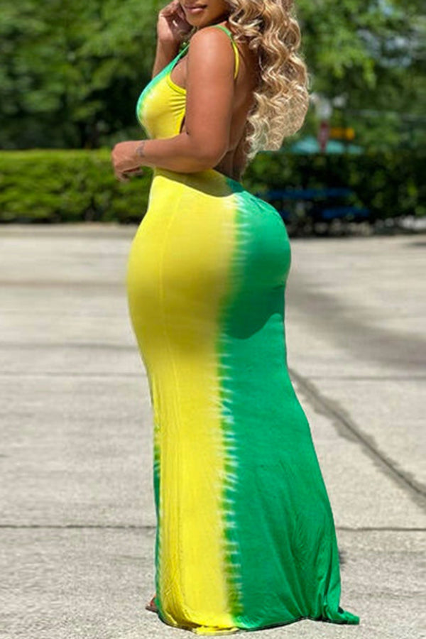 Sexy Tie Dye Print Backless Slim Fit Plus Size Sling Maxi Dress