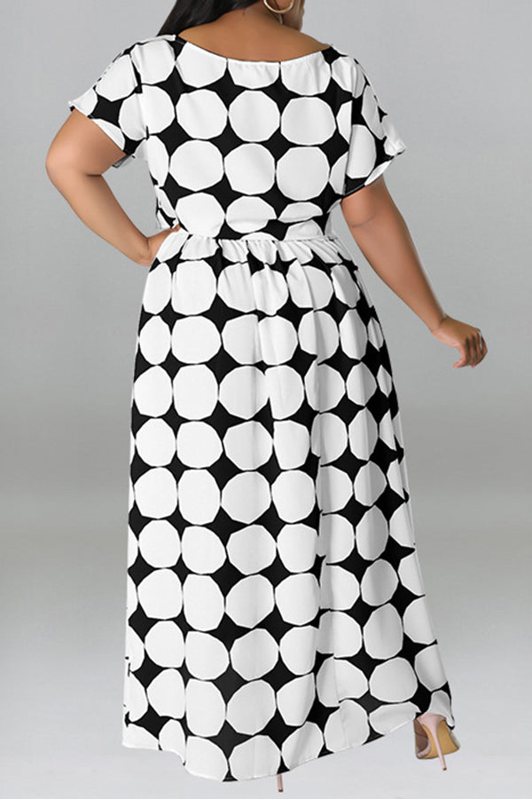 Casual Plus Size Short Sleeve Polka Dot Print Slit Maxi Dress