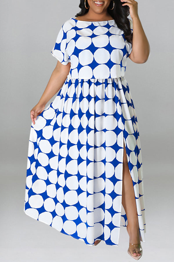 Casual Plus Size Short Sleeve Polka Dot Print Slit Maxi Dress