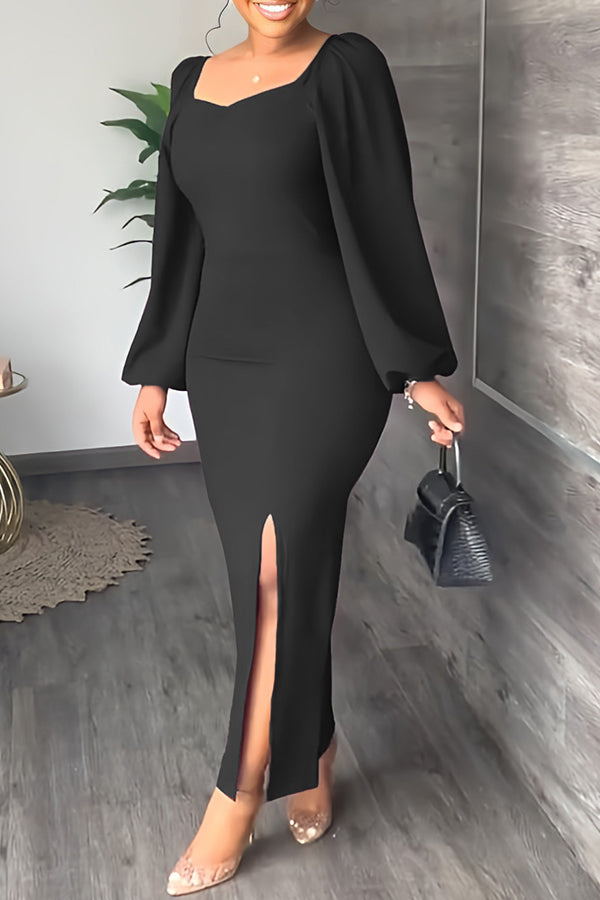 Temperament Solid Color Long Sleeve Square Collar Slim Fit Slit Maxi Dress