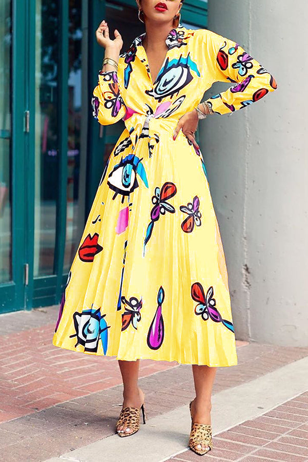 Fashion Graffiti Print Long Sleeve Blouse Pleated High Waist Midi Skirt Suits