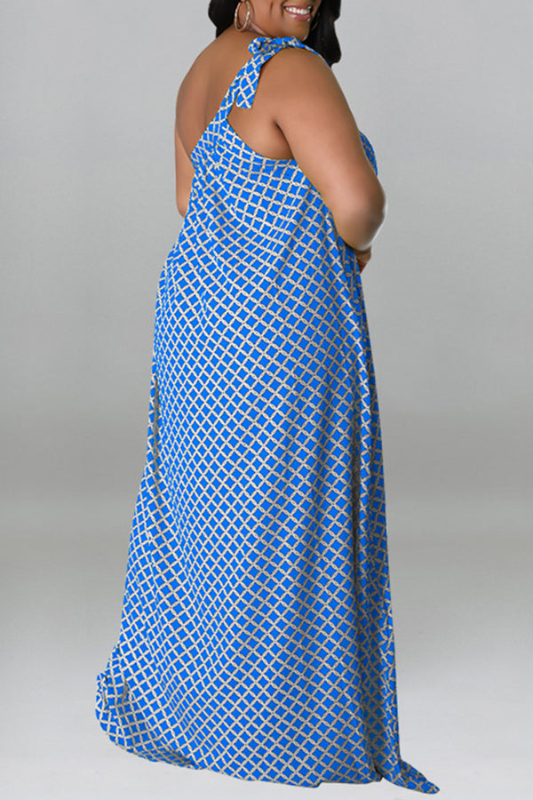 Fashion Plus Size Plaid Print One Shoulder Loose Sling Maxi Dress