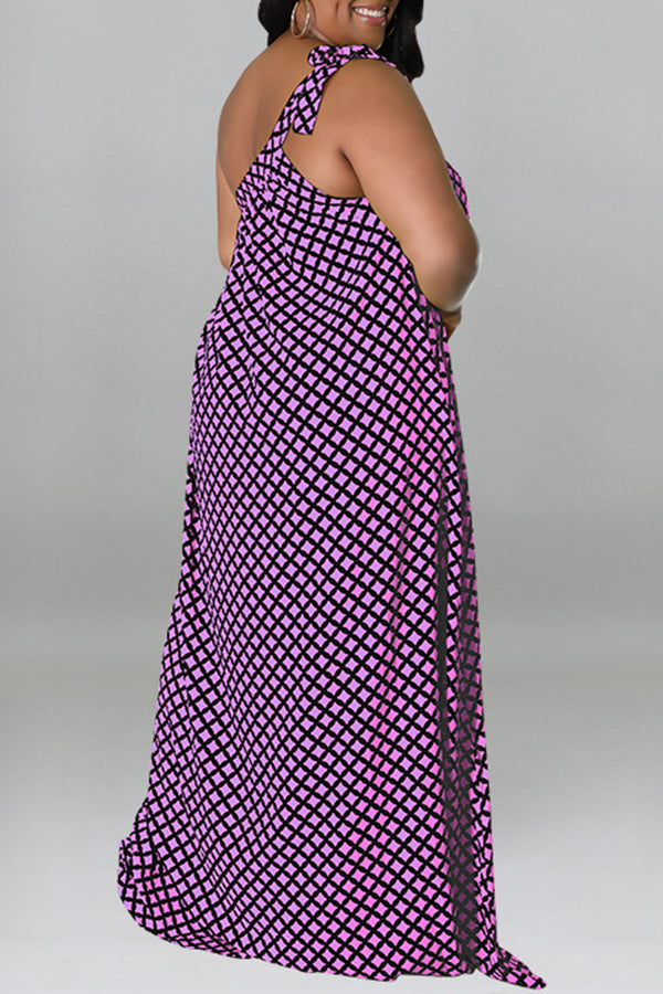 Fashion Plus Size Plaid Print One Shoulder Loose Sling Maxi Dress