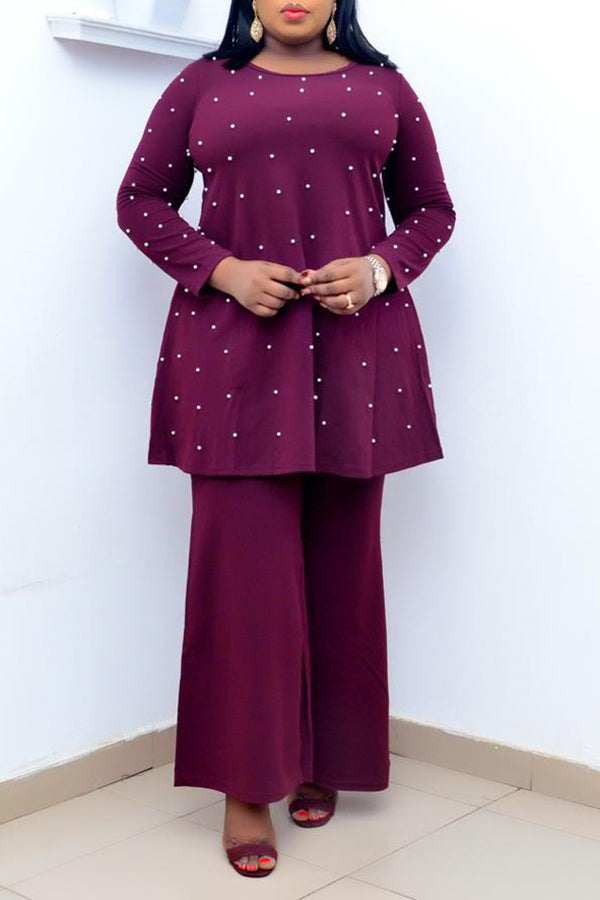 Casual Solid Color Long Sleeve Faux Pearl Midi Top Wide Leg Pant Suits