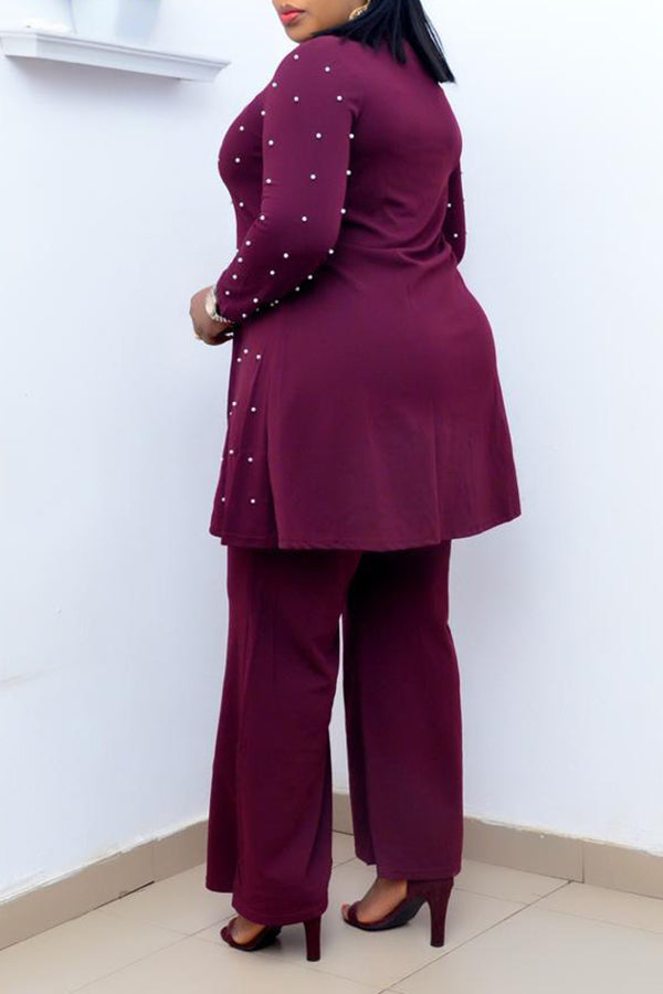 Casual Solid Color Long Sleeve Faux Pearl Midi Top Wide Leg Pant Suits