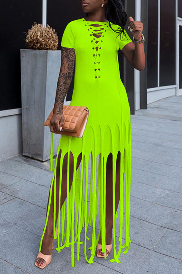 Sexy Solid Color Short Sleeve Lace-Up Neck Slim Fit Tassels Maxi Dress