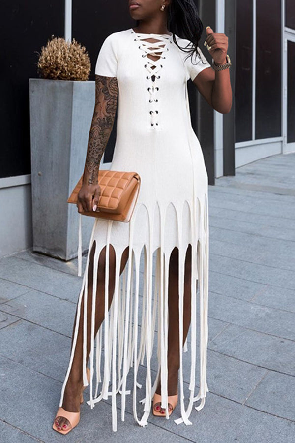 Sexy Solid Color Short Sleeve Lace-Up Neck Slim Fit Tassels Maxi Dress