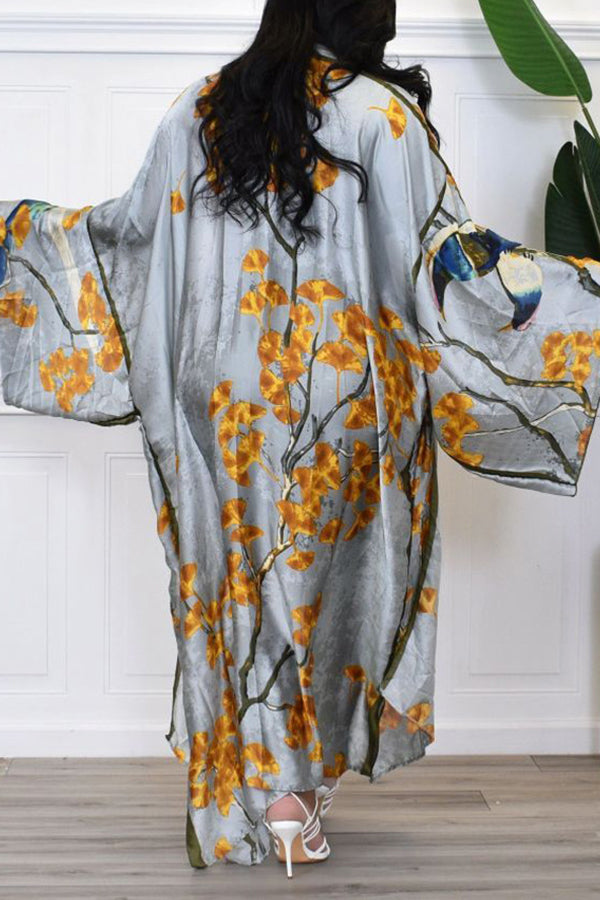 Fashion Print Batwing Sleeve Satin Loose Long Gown (Without Belt)