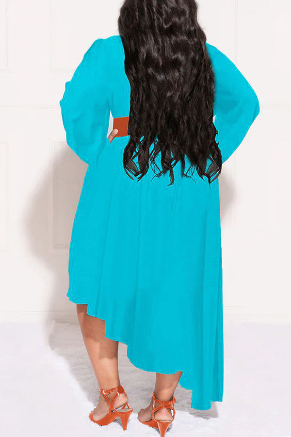 Comfortable Plus Size Solid Color Long Sleeve Irregular Loose Maxi Dress (Without Belt)