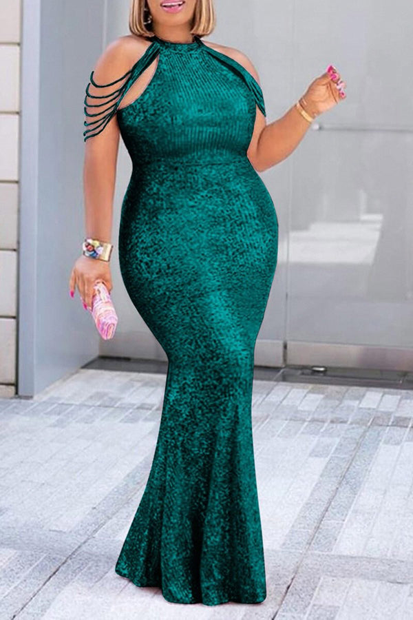Elegant Solid Color Sequined Slim Fit Tassels Sleeveless Plus Size Maxi Dress