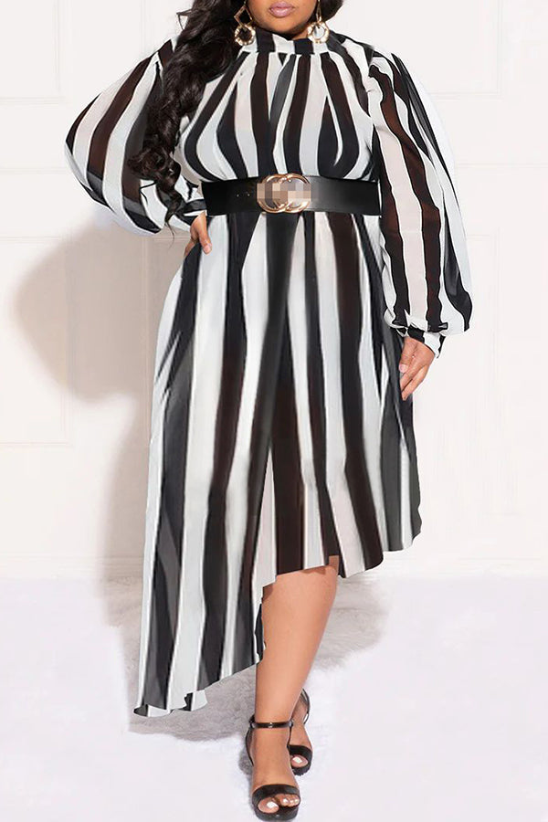 Fashion Stripe Printed Long Sleeve Irregular Plus Size Maxi Dress (Without Belt)