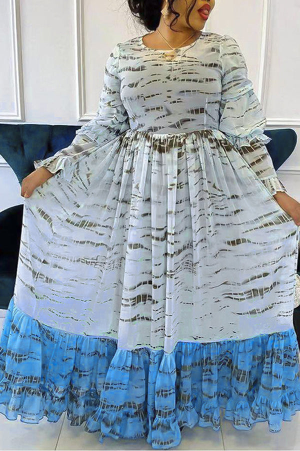 Pretty Print Long Sleeve Ruffle Stitching Lace-Up Plus Size Maxi Dress