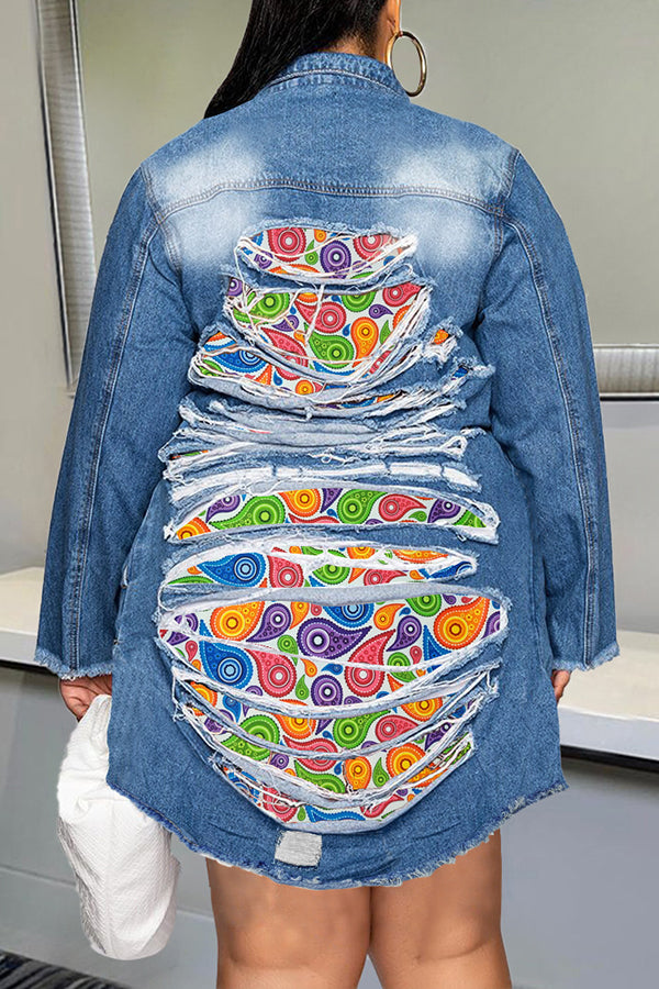 Fashion Rips Print Stitching Single Breasted Plus Size Mid Length Denim Jacket