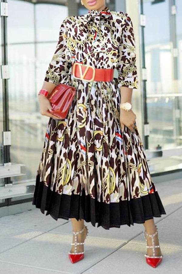 Fashion Plus Size Print Lace-Up Neck Pleated Long Sleeve Maxi Dress (Without Belt)