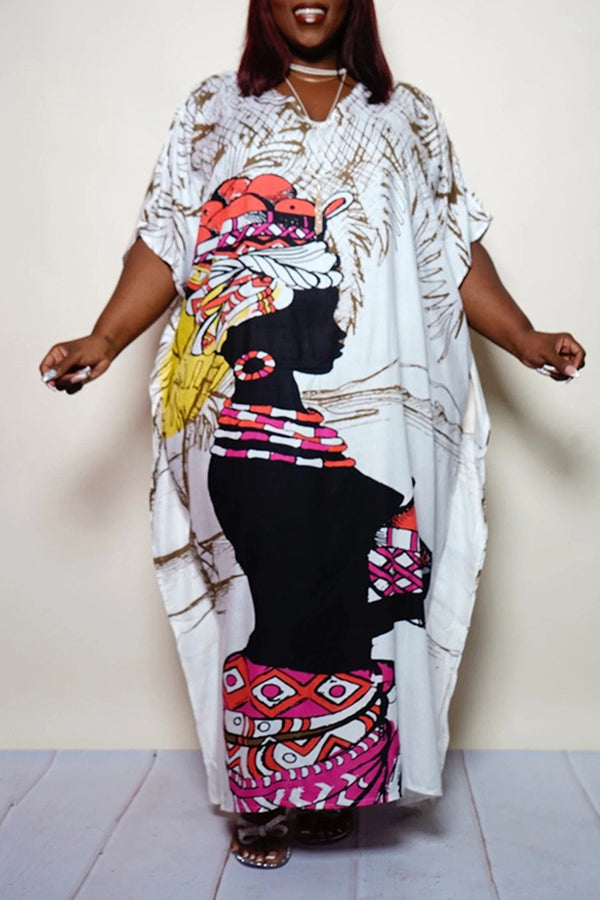 Fashion Plus Size Cartoon Character Print Batwing Sleeve Loose Maxi Dress