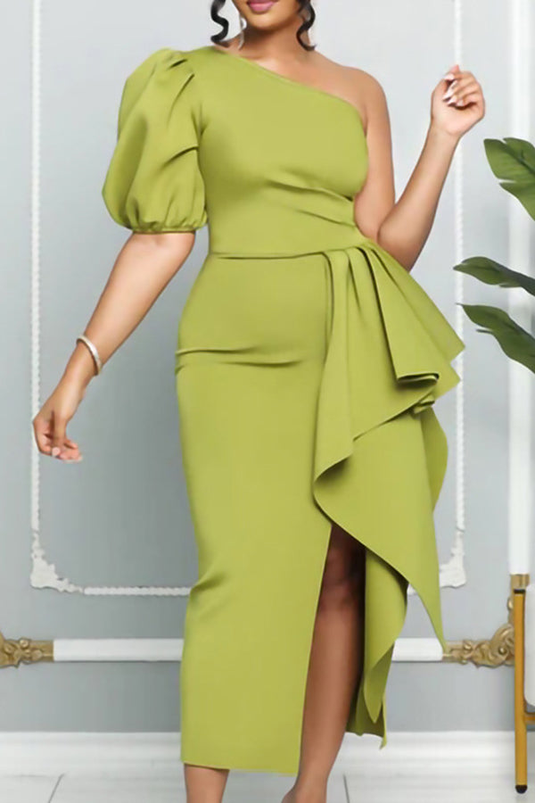 Elegant Solid Color One Shoulder Puff Sleeve Ruffle Slit Maxi Dress