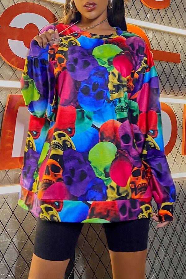 Trendy Colorful Skull Print Long Sleeve Loose Crewneck Sweatshirt