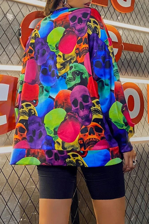 Trendy Colorful Skull Print Long Sleeve Loose Crewneck Sweatshirt
