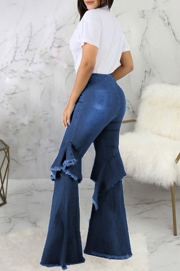 Fashion High Waist Ruffle Flare Jeans
