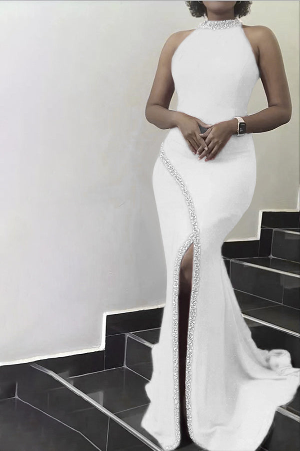 Elegant Solid Color Sleeveless Slim Fit Slit Sequins Maxi Dress