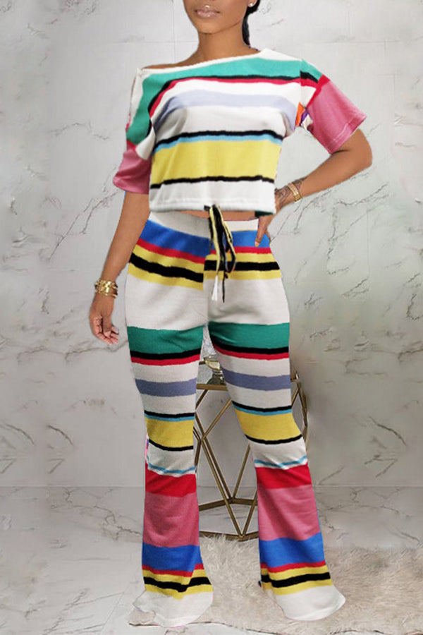 Casual Colorful Striped Print Short Sleeve Drawstring Top High Waist Pant Suits