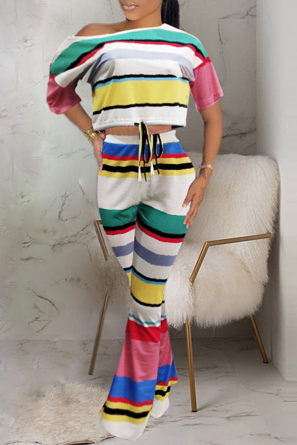 Casual Colorful Striped Print Short Sleeve Drawstring Top High Waist Pant Suits