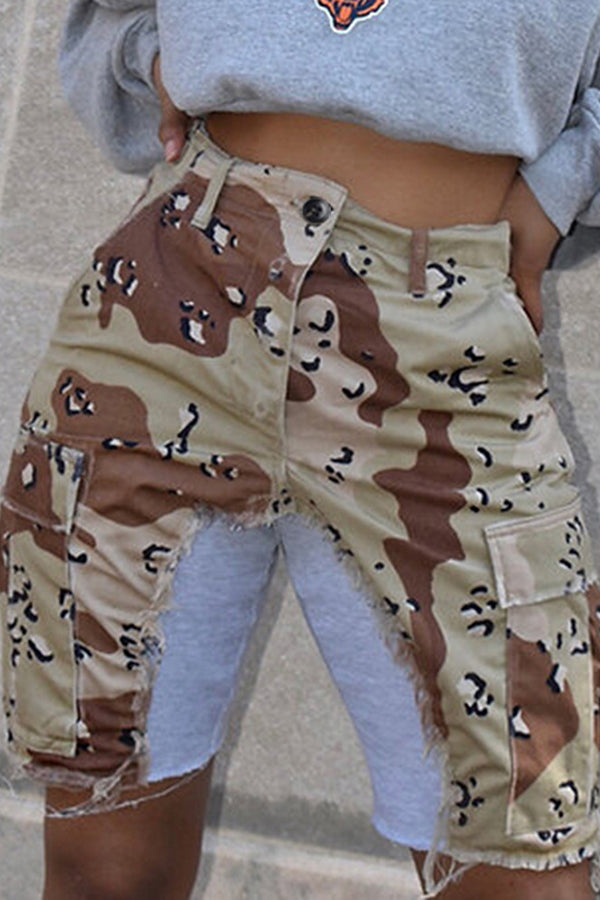 Fashion High Waist Camouflage Print Panel Pocket Shorts