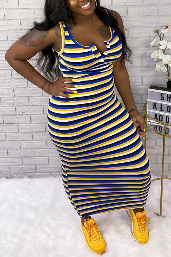 Comfortable Sleeveless Stripe Slim Fit Plus Size Sling Maxi Dress
