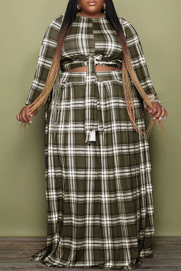 Fashion Plus Size Long Sleeve Plaid Print Lace-Up Top High Waist Long Skirt Suits