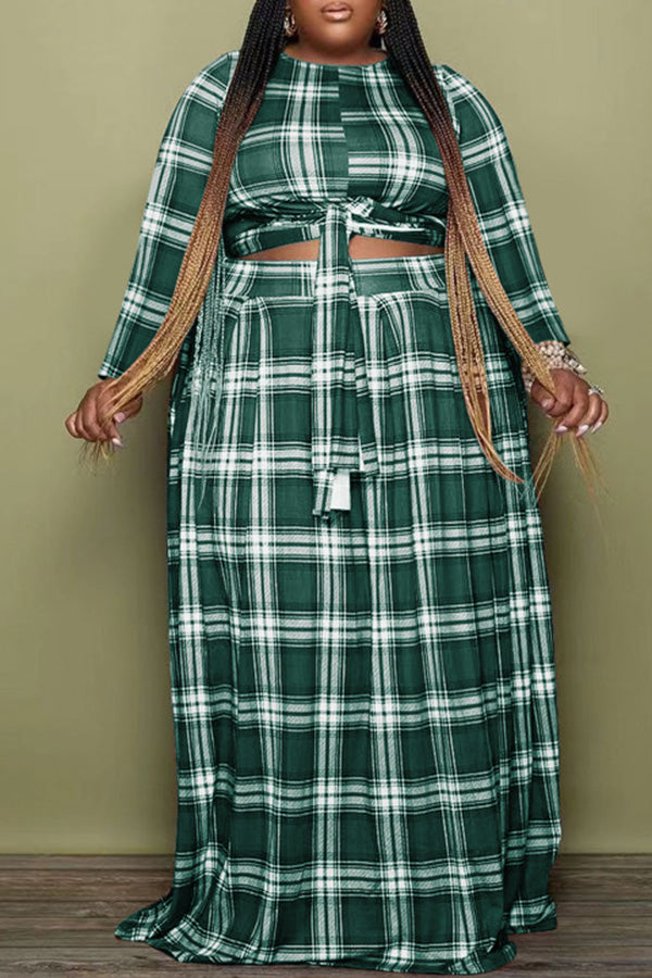Fashion Plus Size Long Sleeve Plaid Print Lace-Up Top High Waist Long Skirt Suits