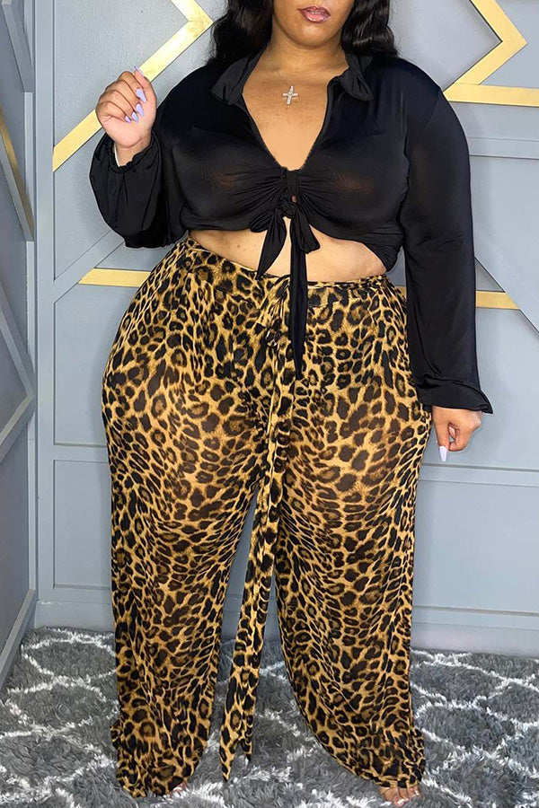 Fashion Plus Size V-Neck Knottet Short Blouse Leopard Print High Waist Pant Suits