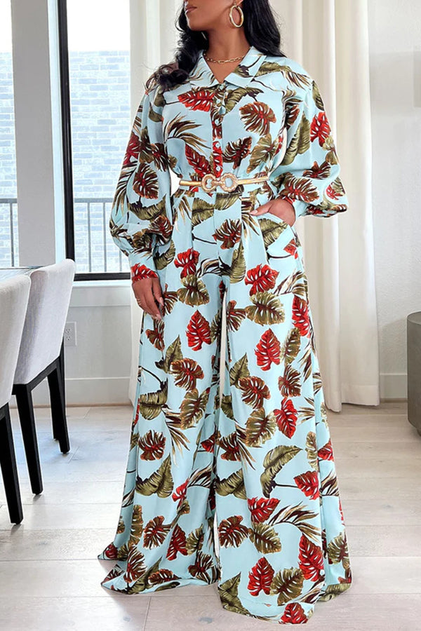 Fashion Leaf Print Puff Sleeve Blouse High Waist Wide Leg Pant Suits¨Without Belt"