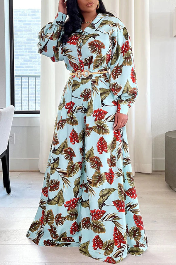 Fashion Leaf Print Puff Sleeve Blouse High Waist Wide Leg Pant Suits¨Without Belt"