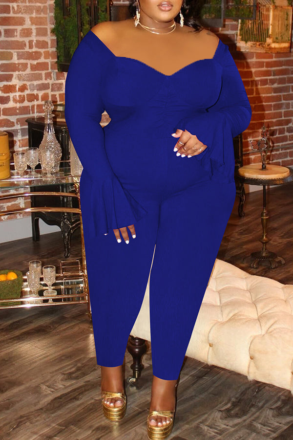 Sexy Plus Size Flared Sleeve Slim Off Shoulder Solid Color Jumpsuits