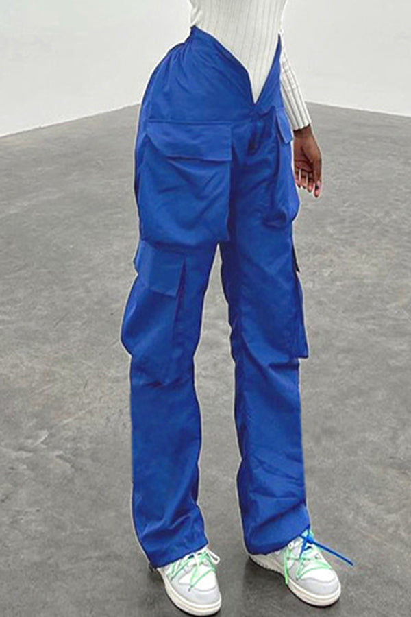 On-Trend Solid Color High Waist Pocket Straight Cargo Pants