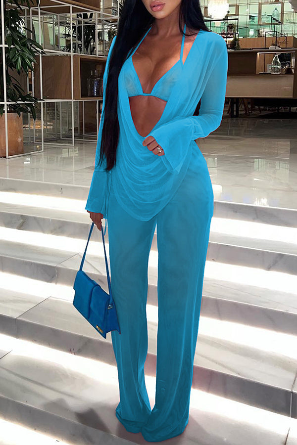 Sexy Solid Color Perspective Mesh Three-Piece Top Pant Suits