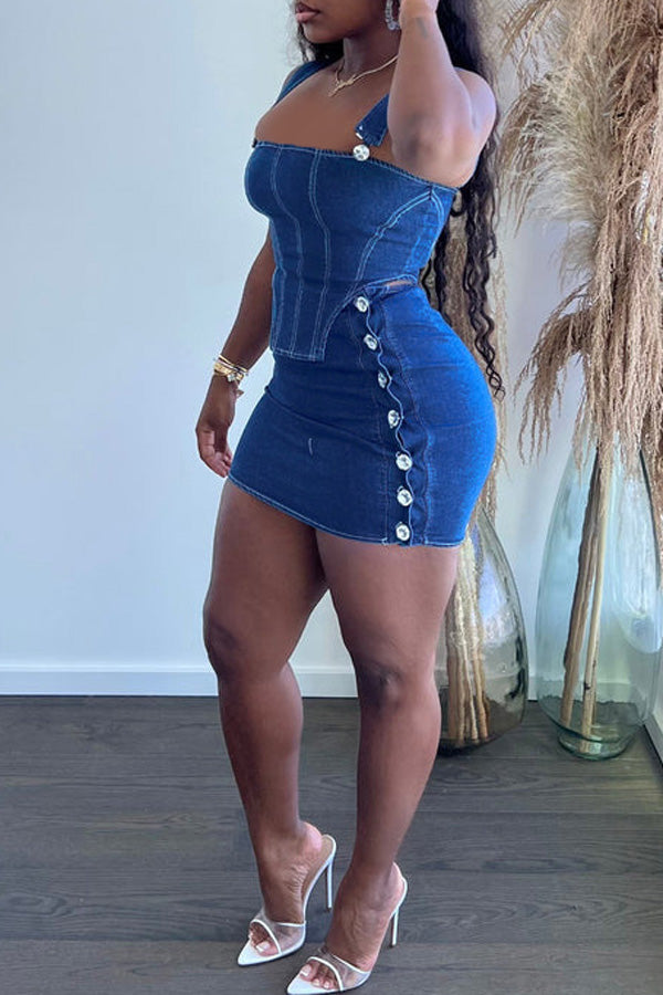Sexy Solid Color Slim Denim Camisole Single Breasted Short Skirt Suits