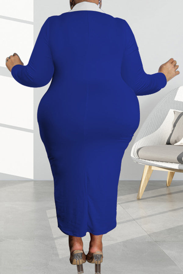 Comfortable Plus Size Long Sleeve Colorblock Slim Maxi Dress