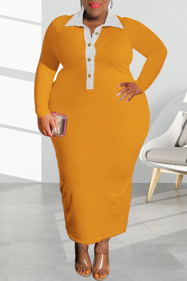 Comfortable Plus Size Long Sleeve Colorblock Slim Maxi Dress
