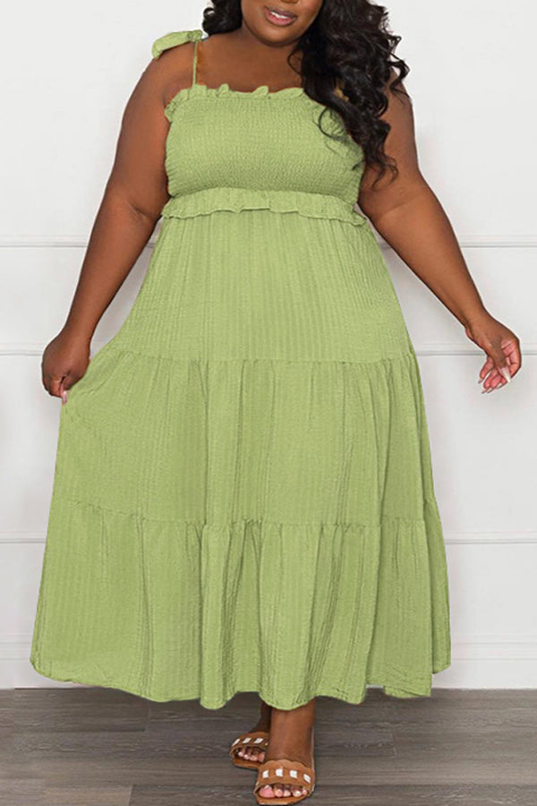 Temperament Solid Color Pleated Plus Size Sling Maxi Dress