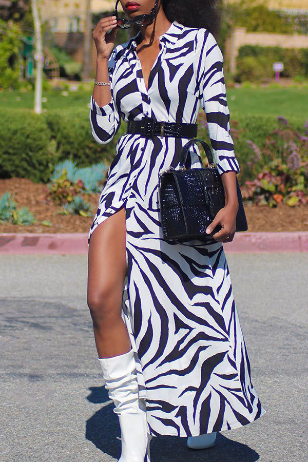 Fashion zebra Print 3/4 Lenght Sleeve Single Breasted Maxi Dress