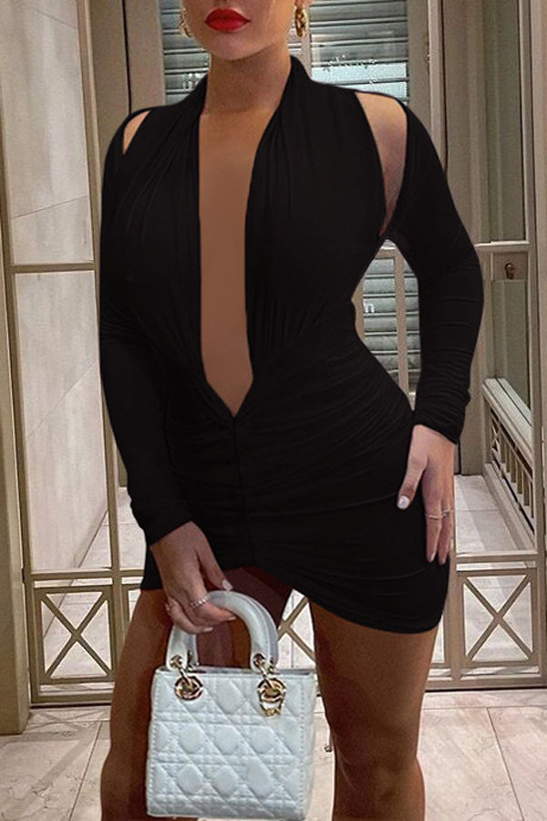 Sexy Slim Solid Color Long Sleeve Backless Deep v Neck Mini Dress