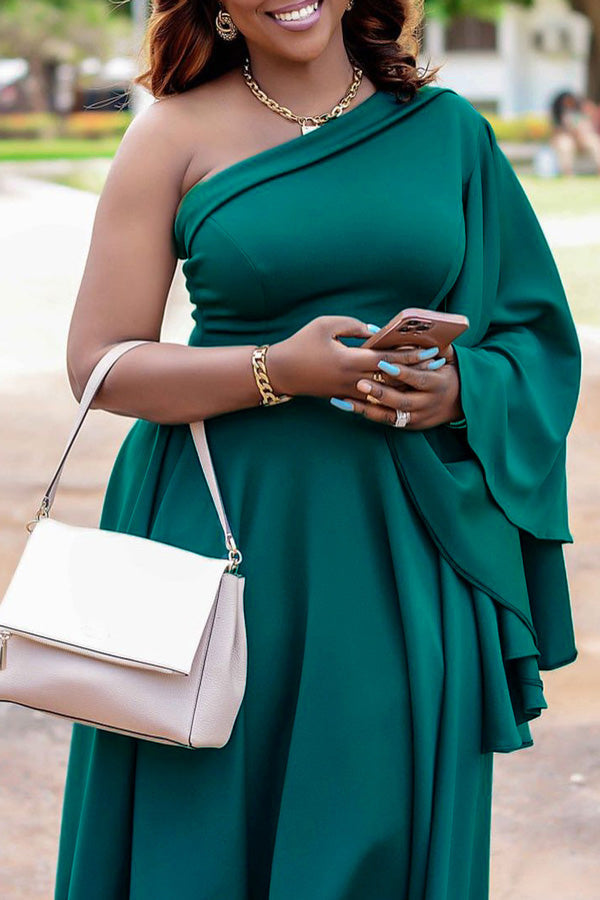 Elegant One Shoulder Solid Color Flare Sleeve A-Line Midi Dress