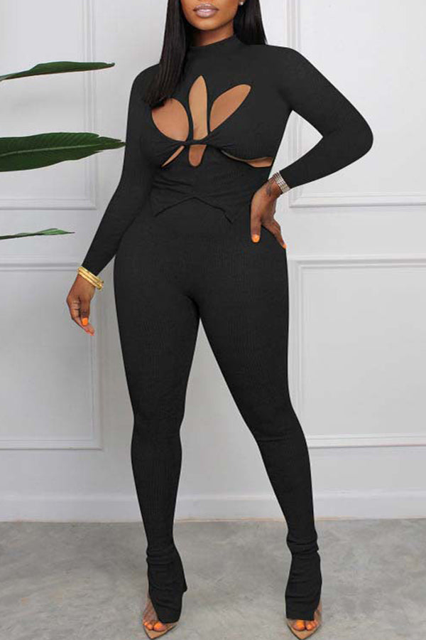Chic Solid Color Slim Long Sleeve Cutout Chest Top High Waist Slit Leggings
