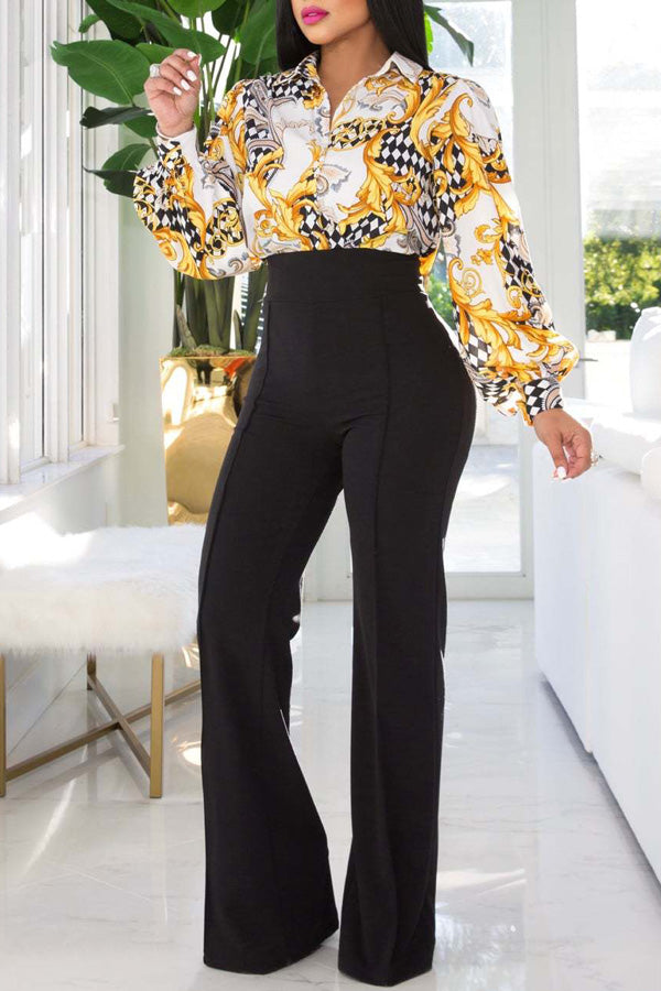 Commuter Print Long Sleeve Single Breasted Blouse