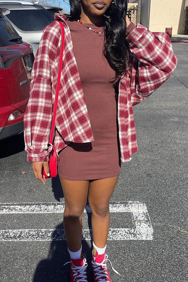 Casual Red Plaid Single Breasted Long Sleeve Loose Blouse